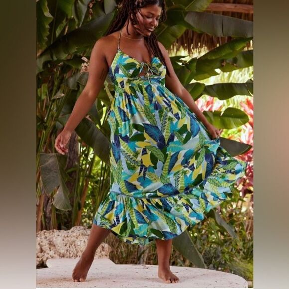 Aerie Halter Beach Maxi Sundress Marbled Blue - Picture 1 of 11